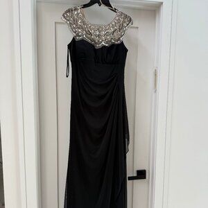"Cathleen" Sheer Matte Jersey Beaded Neckline Ruffle Floor Length Evening Gown